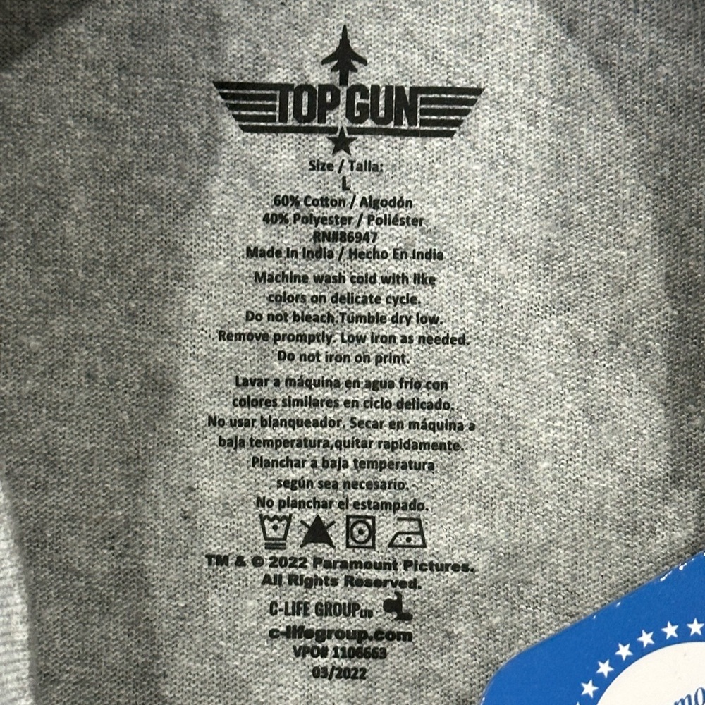 Adult Top Gun Movie Paramount Large Gray T-Shirt Tee Top Crew Short Sleeve NWT - Picture 8 of 8